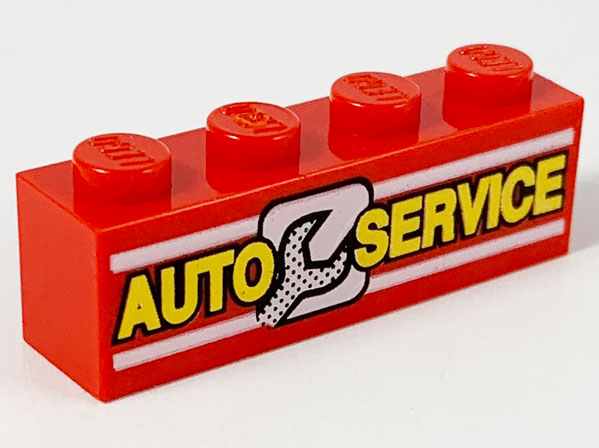 LEGO 3010px5 - Steen 1 x 4 met gele 'AUTO SERVICE', witte lijnen en sleutelpatroon