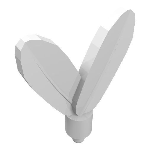 A white LEGO minifigure plume feather with a small pin at the base, angled upwards, viewed from the front.