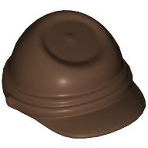 Dark brown LEGO minifigure cavalry cap (kepi) featuring a rounded dome top with a central recessed circle, a ribbed band, and a short visor.