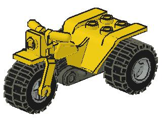 Yellow LEGO tricycle with dark gray chassis and light gray wheels. Rear wheels feature notched holes.