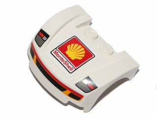 LEGO 98835pb004s - Voertuig spatbord 3 x 4 x 1 2/3 gebogen voorkant met koplampen en grille met rode en gele accenten, Shell-logo, 'MonteShell' patroon (sticker) - Set 30192
