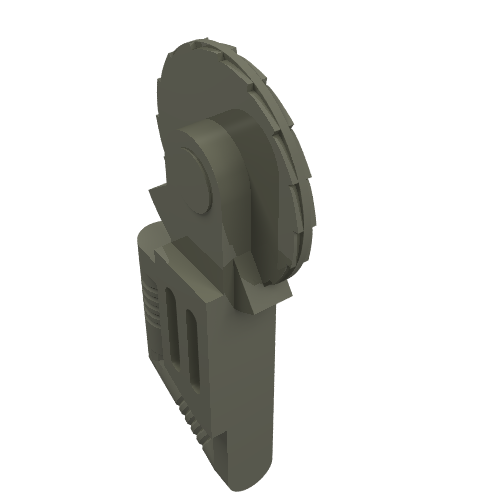 Dark grey LEGO minifigure circular blade saw tool with a textured handle and toothed wheel, on white.
