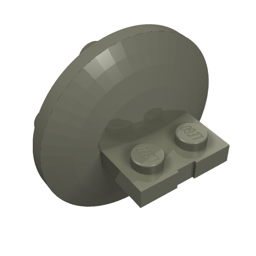 Dark grey LEGO 30209 Bracket 1 x 2 - 4 x 4 Round Dish, an angled view against a white background.