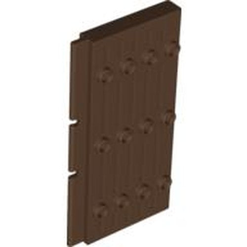 Brown LEGO Door 1 x 5 x 7 1/2 Stockade with vertical planks and 12 decorative studs.