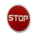 LEGO 2x2 round red road sign with clip, featuring a white 'STOP' in wide font pattern.