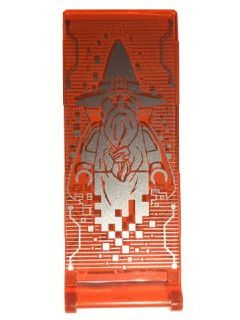 Transparent orange LEGO Flag 7x3 with silver Merlok wizard hologram and digital circuit pattern, pixelating at the base.
