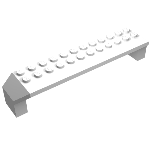 White LEGO Arch 2 x 14 x 2 1/3 brick, featuring studs on top, with support legs and a sloped end.