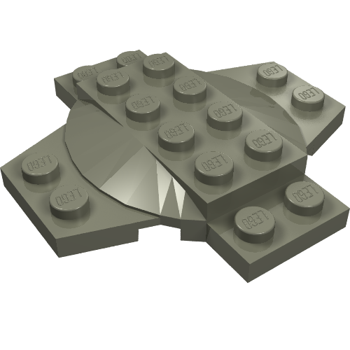 A light grey LEGO 30303 Plate, Modified 6 x 6 x 2/3 Cross with Dome, featuring a central dome and four 2x2 plate sections.