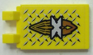 Yellow LEGO tile, modified 2x3 with angled clips, featuring a silver 'X' Island Xtreme Stunts logo sticker over a diamond plate pattern.