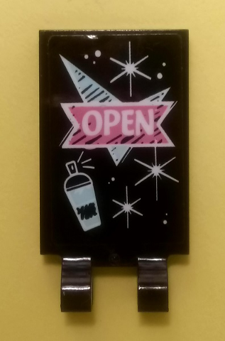 Black LEGO 2x3 tile with 2 clips, featuring a pink 'OPEN' sign, light blue spray paint can, and white stars pattern.