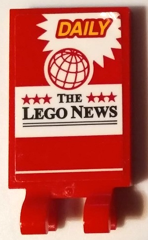 Red LEGO 2x3 tile with 2 open clips, featuring a 'DAILY' headline, globe, stars, and 'THE LEGO NEWS' sticker pattern.
