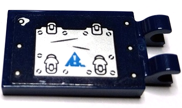 Dark blue LEGO 2x3 tile with 2 open clips, printed with silver panel, latches, rivets, and dark azure warning triangle.