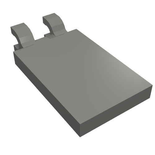 Gray LEGO 30350c Tile, Modified 2 x 3 with 2 U Clips shown from an angled perspective.