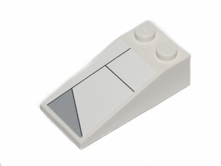 White LEGO Slope 18 4x2 brick with two studs, featuring a printed black line and light bluish gray triangle pattern.
