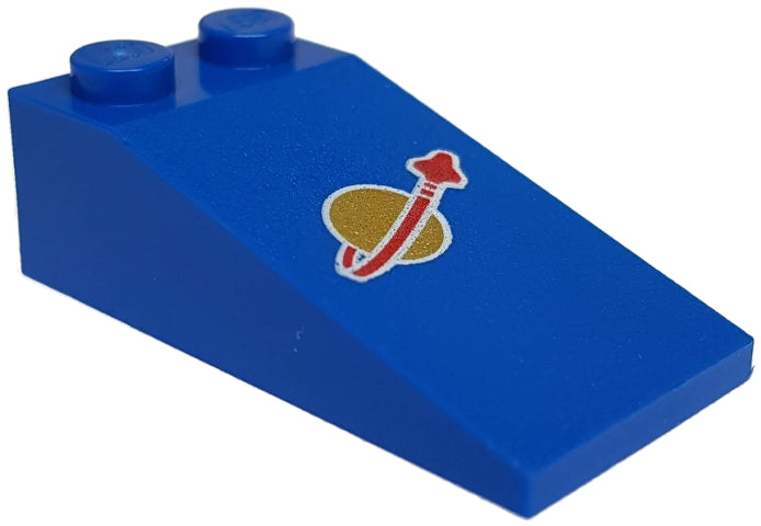 Blue LEGO 30363pb021 Slope 18 4 x 2 brick with a Classic Space logo pattern.