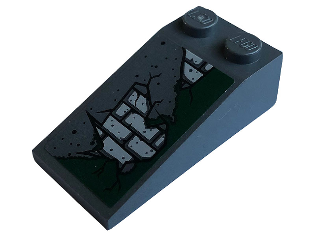 Dark gray LEGO 4x2 slope brick with pattern of cracked plaster revealing gray bricks and dark green moss.