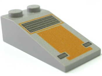 LEGO light gray 18 degree 4x2 slope brick with studs, printed with orange and dark gray Snowspeeder nose pattern.