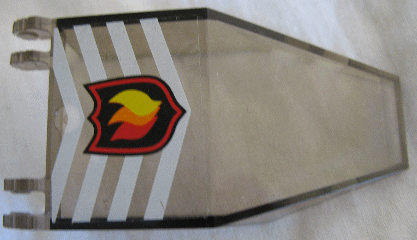 Trans-smoke LEGO windscreen 30372pb01 with white chevron stripes and a red, orange, yellow fire logo decal.