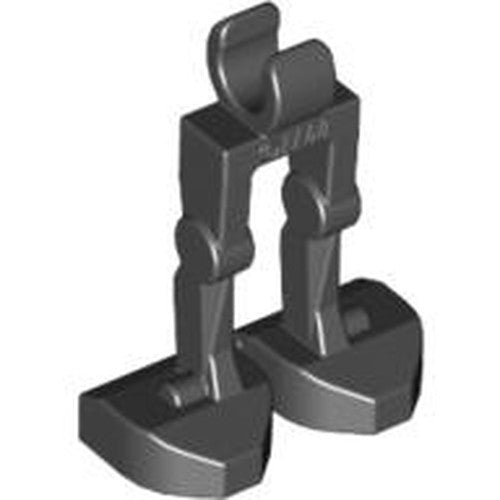 Dark gray LEGO mechanical battle droid legs with hinged knees and flat feet, featuring a U-shaped attachment clip at the top.