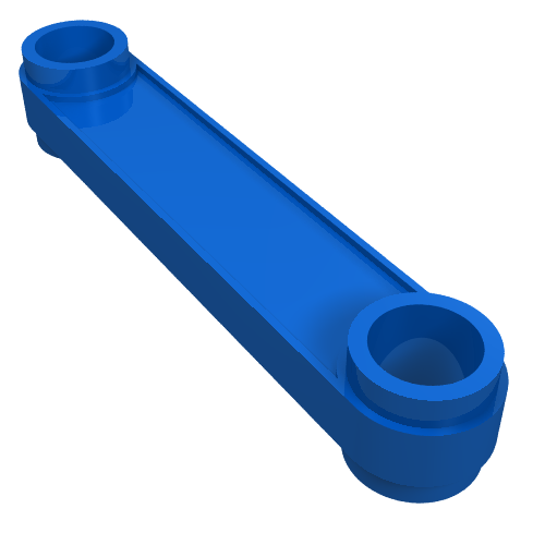 Blue LEGO Technic Link 1 x 5 connector piece, a flat bar with pinholes at both ends, on a white background.