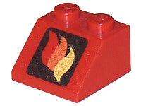 Red LEGO 3039pb004 Slope 45 2 x 2 brick featuring a black square with a classic red, orange, and yellow fire logo pattern.