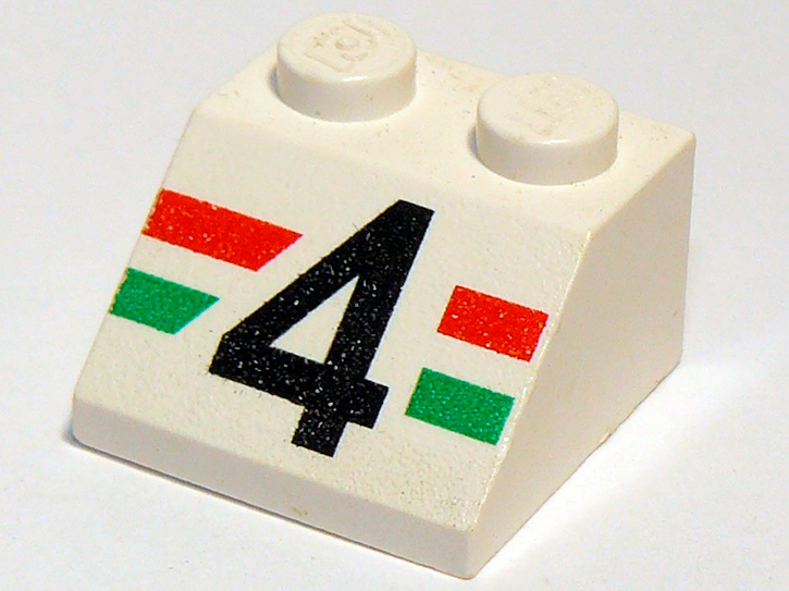White LEGO Slope 45 2x2 with Number 4 and Red and Green Stripes Pattern