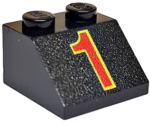 Black LEGO Slope 45 2 x 2 brick with a red number 1 and yellow outline pattern.