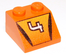 Sparkly orange LEGO Slope 45 2 x 2 brick with a white number 4 and black scorcher pattern.