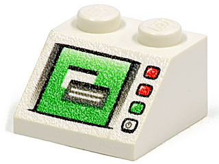 White LEGO 3039pb042 Slope 45 2x2 brick with a green computer screen pattern depicting a credit card slot and buttons.