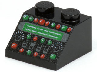 Black LEGO slope 45 2x2 brick with a detailed control panel pattern, featuring a green screen, red and green lamps, and digital displays.