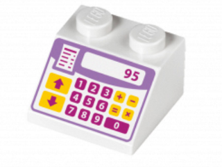 White LEGO Slope 45 2x2 brick with a cash register pattern, displaying '95' and buttons in lavender, magenta, and orange.