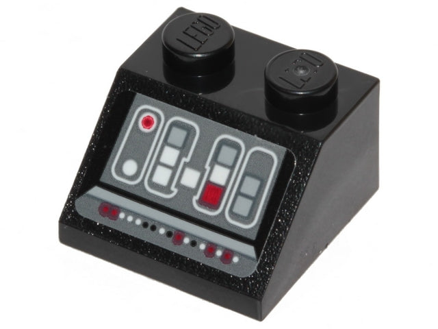 Black LEGO 2x2 slope brick with Star Wars Millennium Falcon control panel print, featuring a digital display and red indicators.