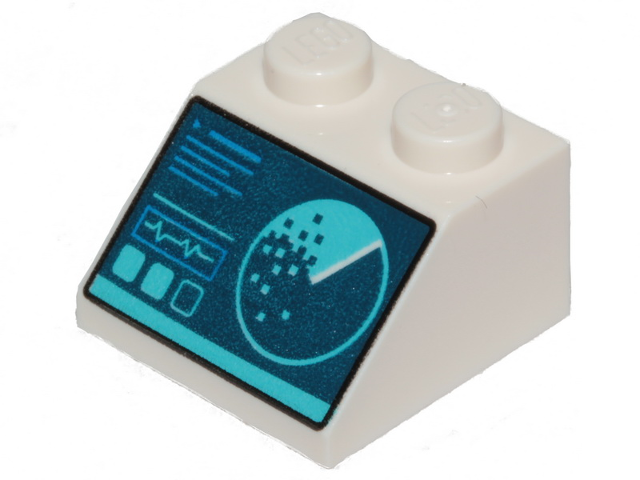 White LEGO Slope 45 2x2 brick with dark blue screen print featuring a sonar screen pattern, including a waveform and a circular radar display.