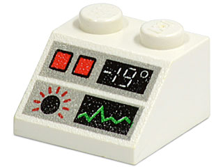 White LEGO Slope 45 2 x 2 brick with printed pattern: two red squares, '-19°' display, and a monitor with a green wavy line.