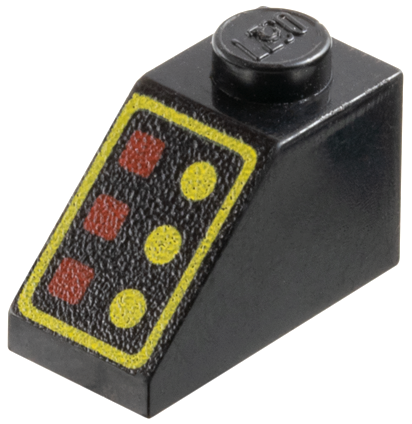 Black LEGO Slope 45 2 x 1 with 3 red square lamps, 3 yellow round buttons, and a thick yellow border pattern.