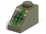 Olive green LEGO Slope 45 2x1 brick, printed with black crosshairs, green insectoid pattern, and orange & white details.