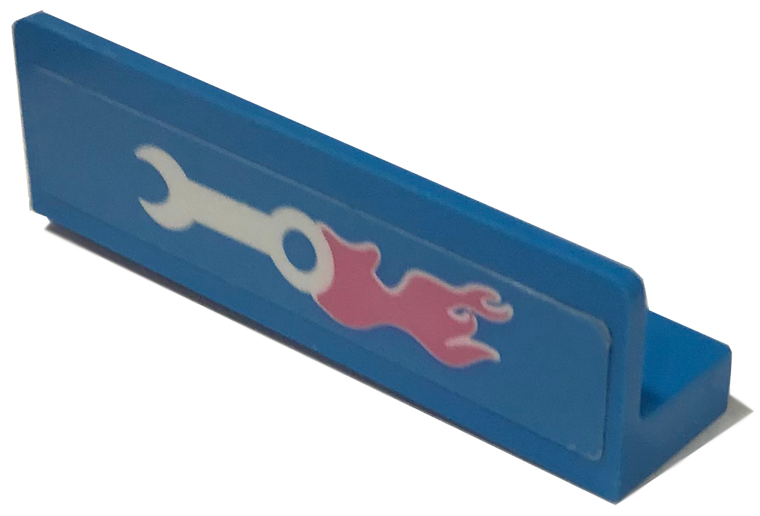 Blue LEGO 1x4x1 panel with a white wrench and dark pink flame pattern (sticker) on the right side.
