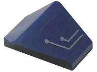 Dark blue LEGO 3049pb002 Slope 45 2x1 inverted brick with silver two-line circuit pattern on the left.