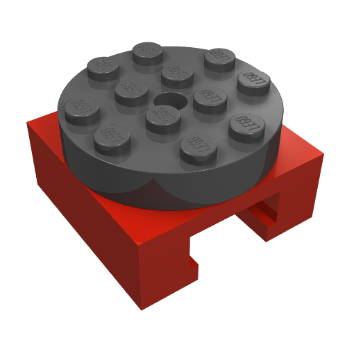 Red LEGO Turntable 4x4 Locking Grooved Base with a Black Round Top featuring 12 studs and a central hole.