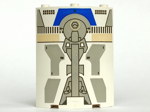White LEGO Cylinder Quarter 4x4x6 with intricate Star Wars Droid Escape pattern in gray, blue, black, and tan.