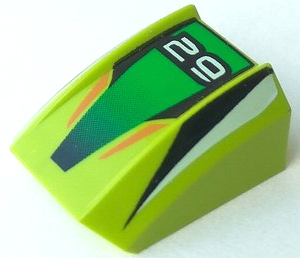 LEGO lime green curved 2x2 slope with lip, printed with a stylized '29' on a green panel, black and white stripes.