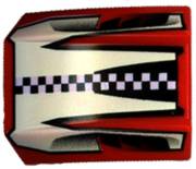 Red LEGO Slope, Curved 2 x 2 Lip brick with a white central area featuring a black and white checkered stripe pattern.