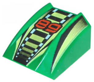 Green LEGO 2x2 curved slope with red '89', black and neon green bars, and white checkered stripes pattern.