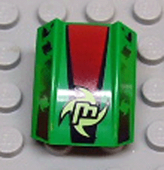 Green LEGO Slope, Curved 2 x 2 Lip with red and black stripe pattern, featuring a neon stylized letter M and swirl.