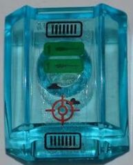 Trans-light-blue LEGO Slope, Curved 2 x 2 Lip with black grilles, green elements, alien silhouettes, and a red target sticker.