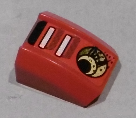 Red LEGO Slope, Curved 2x2, with black & white stripes, exhaust outlet & dirt pattern on left side.