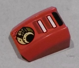 Red curved LEGO slope 2x2 brick with a yellow, black, and white circular pattern on the left, and two white vertical bars on the right.
