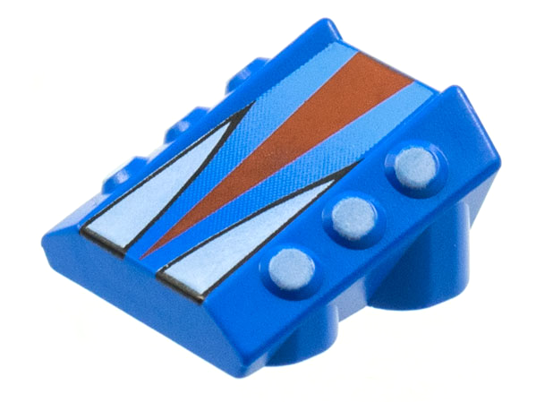 Blue LEGO 30603pb03 sloped brick, 2x2 no studs, with 6 side pistons and a red and white triangles pattern.