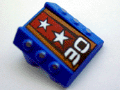 Blue LEGO 30603pb06 modified 2x2 sloped brick with 6 side pistons, white '30' & silver stars on orange/red stripes.