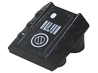Black LEGO modified 2x2 sloped brick with no studs, featuring a silver dot, barcode, and circle pattern print.
